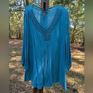 Tantrums Teal Blue Embroidered V-Neck Tunic